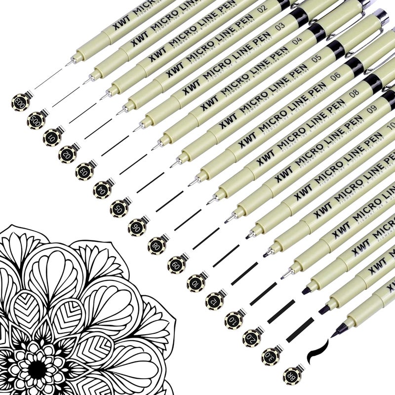 XWT 16pcs Fineliner Micro Drawing Art Pens, Black Waterproof Pigment Ink Set for Artists, Sketching, Manga, Watercolor, Calligraphy, and Detail Outlining Archival Quality Inking Markers - Image 1